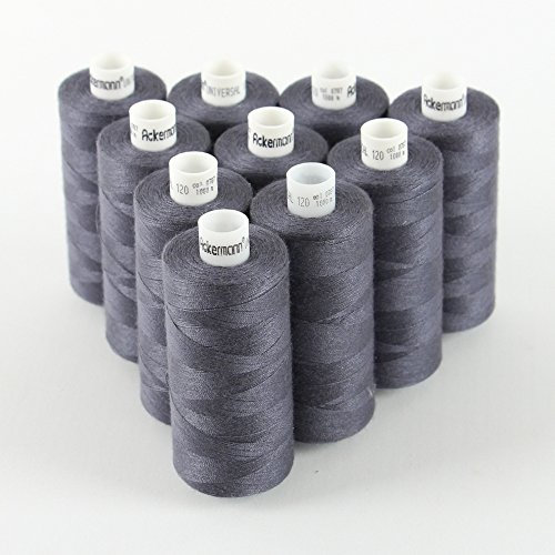 Ackermann 10x 1.000m UNIVERSAL NÄHGARN, Stärke 120, Qualitätsgarn, Nähmaschinengarn, Overlock Garn, Garn für Overlock-Nähmaschinen (0787 Grau)