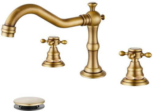 gotonovo, Rubinetto da bagno a due manopole, installazione su piano a 3 fori, con manopole a croce, miscelatore e piletta di scarico coordinata, per lavabo del bagno, ottone antico