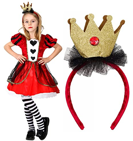 Girls Heart Queen Costume - Red Dress with Heart Detailing and Gold Crown on Headband - Kids World Book Day Book Week Fancy Dress Costume