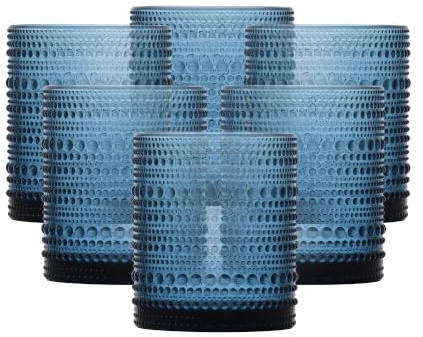 Fortessa Jupiter Beaded Hobnail Glass, 10 Ounce Double Old Fashioned (Set of 6), Cornflower Blue