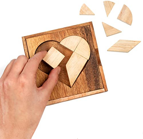 Logica Spiele Art. Herz Tangram - Geometrische Denkspiel aus Edlem Holz - 49 Figuren in 1 - Lernspiel - Taschen Version - Euklid Serie