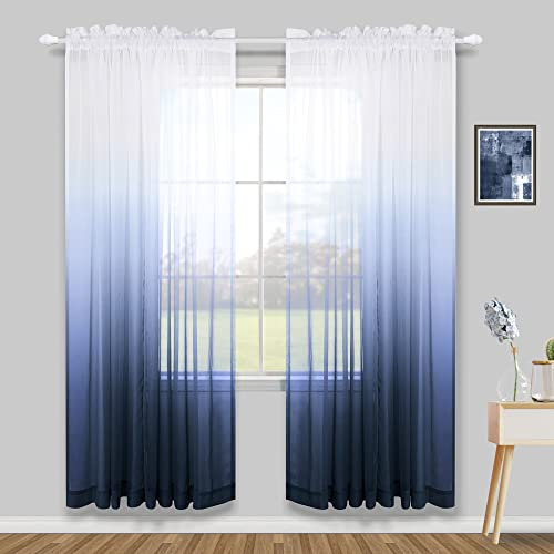 Gardinen für Wohnzimmer, 2 Paneele mit Stangentaschenfenster, Ombre, Küste, durchsichtige Vorhänge für Schlafzimmer, maskuline Männerhöhle, Teenager, Jungen, 132 x 213 cm lang, dunkelblau