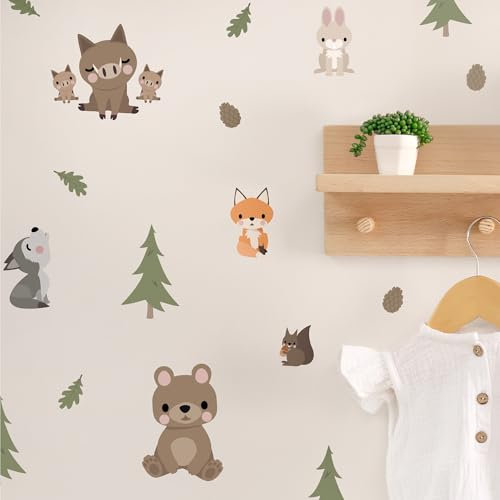 Klebekerlchen® | Wandtattoo Kinderzimmer Mädchen & Junge, Wandsticker selbstklebend, wiederverwendbare Kinderzimmer Deko, Wandtattoo Waldtiere - Sticker Wald (Set mit 29 Motiven)