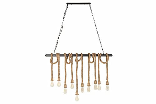 Kinaree Hängeleuchte Hanfseil BAHAMA II – Deckenlampe mit Holzstab, 10 E27 Fassungen, Seillampe für Esstisch 120 cm