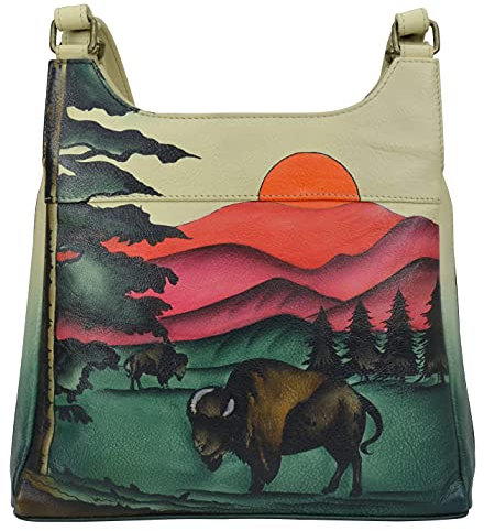 Anna by Anuschka Damen Women's Hand-Painted Leather Triple Compartment Satchel Umhängetasche aus echtem Leder mit DREI Fächern, Yellowstone Park
