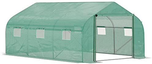 Outsunny Walk-in Polytunnel Garden Greenhouse, Outdoor Mesh Door Greenhouse with PE Cover and 6 Windows, 4.5 x 3 x 2m, Green