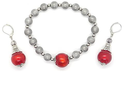 Conjunto de bisutería pulsera y pendientes en acero inoxidable, hematites y cuentas de cristal de Murano rojo