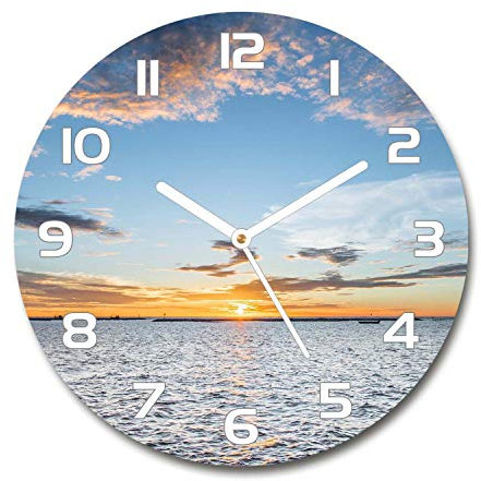 Tulup Glasuhr ⌀ 60cm - weißen Zeigern - Wanduhr Wandkunst Bild Gehärtetem Glas Uhr Echtglas Küche Wohnzimmer - Dämmerung am Meer