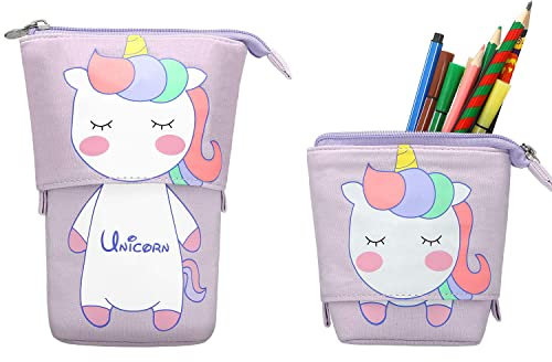NEWUPZSI Einhorn Federmäppchen Reißverschluss 2-in-1 Süßer Lila Schlampermäppchen Weihnachten Geschenke für mädchen Kinder Stifteköcher Einziehbares Ständer Bleistifthalter Mädchen