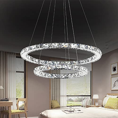 LZQ LED Moderne Kristall Kronleuchter Dimmbar Pendelleuchte Kreative Hängelampe, 3 Ringe Einstellbare Deckenleuchte Kronleuchter für Wohnzimmer Esszimmer (Kaltweiß ohne Fernsteuerung, 48W)