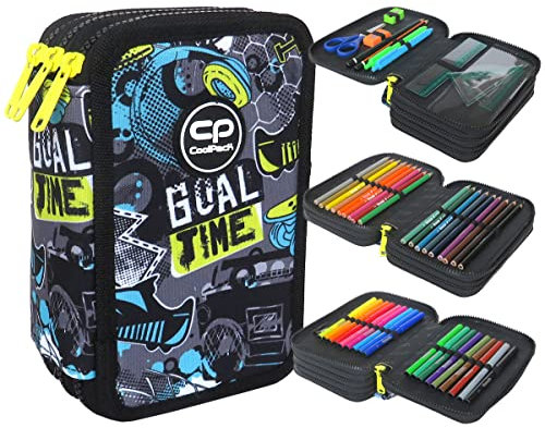 CoolPack XXL Pencil Case 3-Compartment School Pencil Case Triple Pencil Case for Boys Goal Time Football Pencil Case 44-Piece Filled Student Case 3-Tier, blue, Pencil case