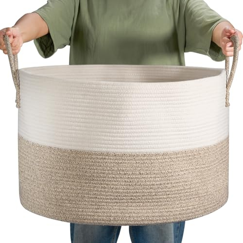 noonkty XXL Blanket Basket, Blanket Storage for Living Room, 21.7 X 21.7 X 13.8 Toy Storage Basket with Handles, Large Cotton Rope Basket, Laundry Basket for Blankets, Clothes, Pillows (Brown)