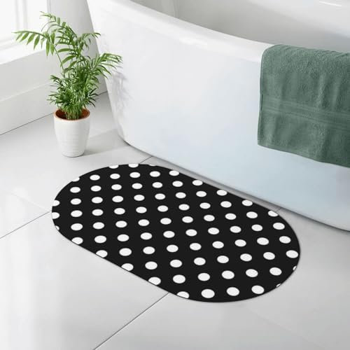 JCAKES Badematte mit schwarzen und weißen Punkten, rutschfeste Bodenmatte, Kieselgur, Badematte, wasserabsorbierender Teppich, Kieselalgen-Schlamm-Matte für drinnen und draußen (oval, 80 x 50 cm)