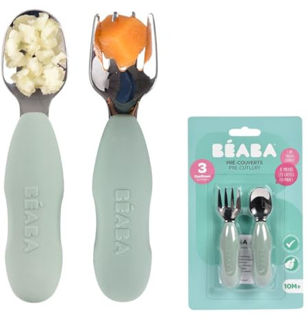 BEABA, Lot de 2 pré-couverts Inox et Silicone, Couverts Bébé, Couverts Enfant, Dès 10 Mois, Forme Ergonomique, Manche Ergonomique, Couverts Bébé Apprentissage, Sage green
