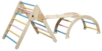 Buxibo XXL Klettergerüst - Klappbares Dreieck + Kletterbogen + Rutsche - Montessori Holzspielplatz - Pastell - 210x83x81cm