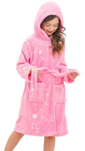 Piefry Morbido Accappatoio con Cappuccio per Bambine e Ragazze in Pile Vestaglia da Notte per Bambini (Stelle Rosa, 10-11 anni)