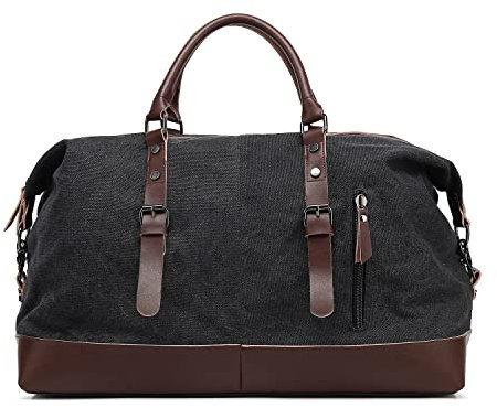 42L große Reisetasche aus echtem Leder-Canvas für unterwegs, Reisetasche, Schultertasche, Wochenendtasche, Unisex, Weekender, Handtasche, Umhängetasche,Schwarz