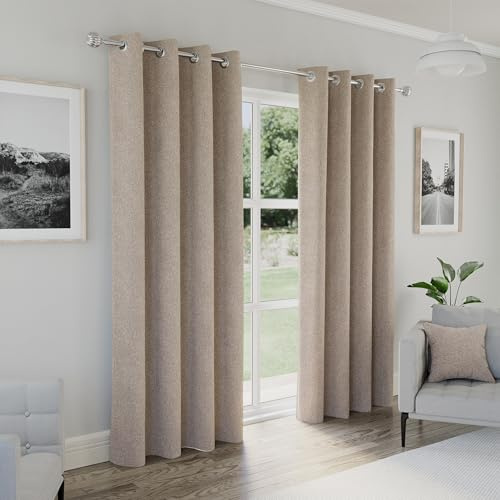 Enhanced Living Austin Blackout Eyelet Curtains Natural 90x90 (229x229cm) | 100% Blackout Thermal Noise Reducing, for Living Room and Bedroom