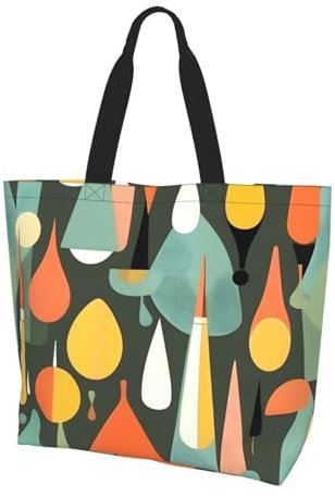 SSGVLPTO Mid Century Moderne Retro-Einkaufstasche mit Tropfenformen-Aufdruck, einzelne Schultertasche, wiederverwendbare Handtasche, geeignet für Arbeit und Einkaufen, Schwarz, Einheitsgröße, Schwarz