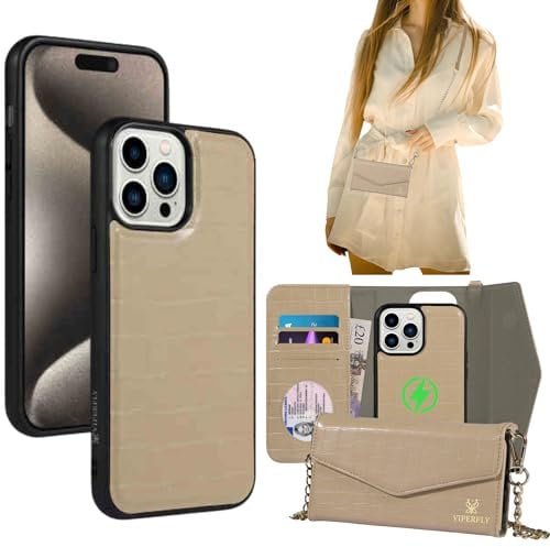 VIPERFLY Phone Lanyard Crossbody Case For iPhone, Leather Flip Case MagSafe Compatible (Beige, iPhone 13 Pro)
