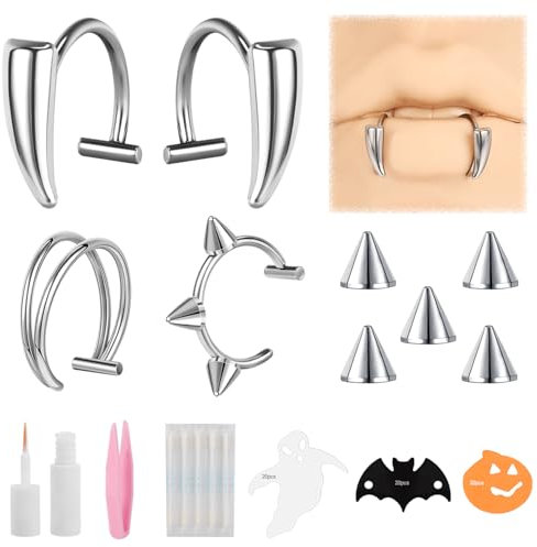 ZS Edelstahl Halloween Vampirzahnring Nicht Durchdringender Lippenschmuck, C-Förmiger Fake Lippenring, Fake Monroe Schmuck Helix Tragus Knorpelohrring Für Frauen Und Männer (Silber)