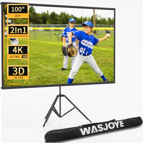 WASJOYE Écran de Projection avec Trépied, Extérieurs 100 inch Écran de Projection Portable, 16:9 4K Toil Gris de Projection, léger, Facile à Installer, pour Le Cinéma à Domicile, Les Films