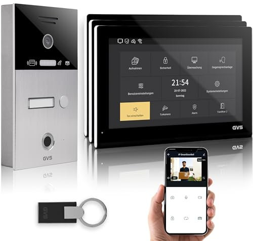 GVS - IP Video Türsprechanlage mit Türöffner, Fingerprint & RFID, HD Kamera, 3X 10 Zoll Monitor & App - Smarte Video Türklingel mit Kamera & Gegensprechanlage für 1 Familienhaus (AVS5530A)