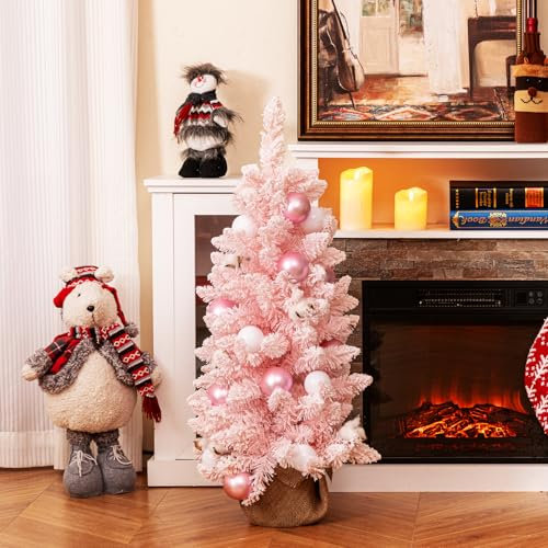 GYMAX 90 cm Mini Albero di Natale Artificiale Rosa, Piccolo Ornamento da Tavola, Innevato, Batuffoli di Cotone e Palline, 136 Rami, Decoraizone Natalizia, per Casa Camera e Ufficio (PVC)