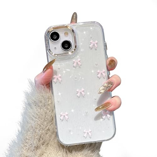 EYZUTAK Handyhülle für iPhone 15, Funkelnde 3D Bowknot Telefon Hülle Nette Glitzend Kristall Klare Schleife Design Case Schlank Weich TPU Transparente Schutzhülle - Rosa Schleife