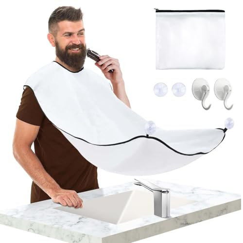 AEIOPRS 1 Pcs Bart Lätzchen Schürze für Männer Geschenk Bart Trimmen Catcher Lätzchen für Rasur Haarschnitte Wasserdichter Haarfänger Grooming Tuch mit 2 Saugnäpfen weiß