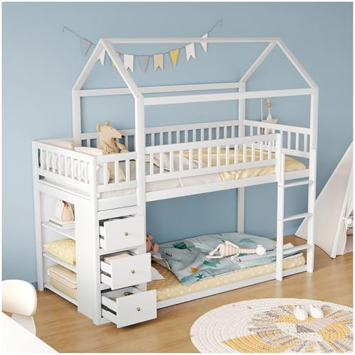 Lubvtti Litera Infantil con 3 cajones y estantes, Cama Infantil 90 x 200 cm, Forma de casita, literas Juveniles con Escalera, con barandilla y Base de láminas, sin colchón,Blanco
