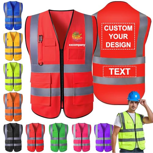 Morlavid Warnweste Personalisiert mit Logo Text Sicherheitsweste mit Reißverschluss Taschen fur Bauarbeiter,Red