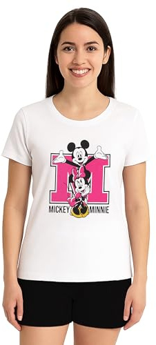 Disney Minnie Mouse Schlafanzug für Damen - Pyjama Set Kurzarm Oberteil mit Shorts Weiß/Schwarz