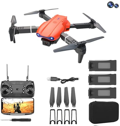 GPS Drone E99 Pro for Adults Pro Dual Camera Foldable Professional Live Video Drone RC Quadcopter Aircrafts with 2 Extra Batteries (Orange)
