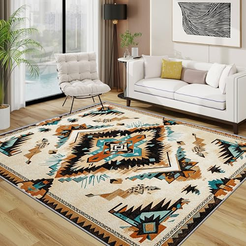Generisch Azteken Teppich Schlafzimmer, Amerikanisch Indianer Teppich 120x170 cm, Südwestlich Ethnisch Waschbar Kurzflor Antirutsch Teppiche Für Wohnzimmer Schlafzimmer, Beige Blau Orange