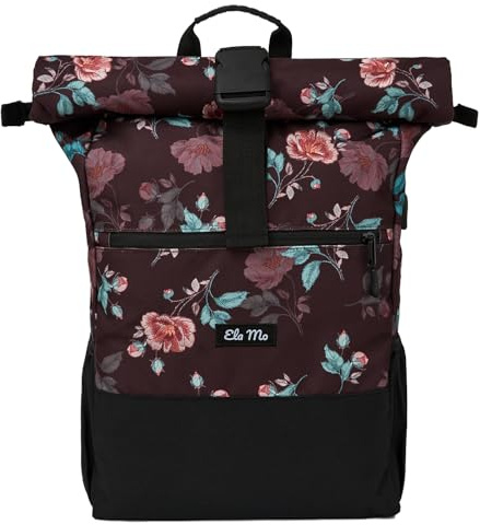 Ela Mo® Rolltop Rucksack Damen - Rollrucksack Anti Diebstahl für Sport & Reisen - Laptoprucksack für Schule, Uni, Business - Mit USB Anschluss & kompaktem Flaschenhalter - Roses & Chocolate