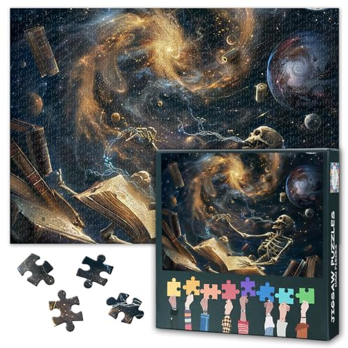 1000 Teile Puzzle für Erwachsene - Fantasie-Skelett liest Buch im Weltall, surreales Kosmos-Kunstdesign, Premium Erwachsenenpuzzle - 27,5 x 19,7 Zoll (70x50 cm)