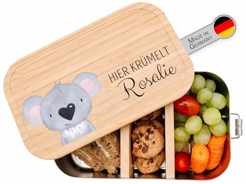 wunderwunsch Brotdose personalisiert mit Namen, Edelstahl Lunchbox | Kindergarten Brotzeitbox für Kinder mit Fächern, Metallbrotdose BPA frei, gravierte Kinder Lunch-Box, Mädchen oder Junge