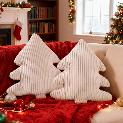 Lanpn 2 Stück Weihnachtsbaum Kissen Weihnachtskissen, Schmale Streifen Weihnachts Kissen Dekokissen Zierkissen für Party Bett Sofa Couch Innenbereich Weihnachtsdeko (Beige, 45,5x41cm)