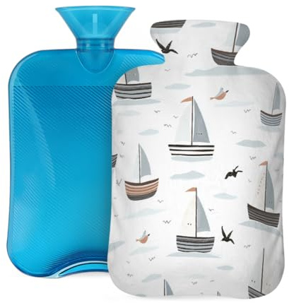 Mexpekil Ocean Sea Ship Seagull Hot Water Bottle with Cover, 2L PVC Hot Water Bag for Pain Relief, Feet, Back, Warmth