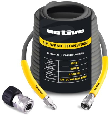 Active 100’ Pressure Washer Hose Compatible with Gas and Electric Pressure washers (M22-14mm) Kink Resistant, Flexible Steel Braided Power Washer Hose, max Operating spec of 4000PSI & 12GPM and 212°F