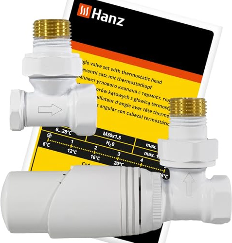 HANZ Heizkörper Ventile Ecke Set 1/2 Weiß – Thermostat Vorlauf + Rücklauf mit Thermostatkopf KIT-T12A-WE2