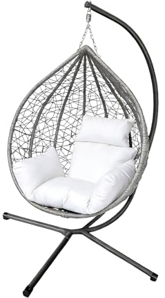 150kg Egg Swing Chair, Foldable Design with 6 Cushion Color Combinations, PE Wicker & Anti-Rust Steel Frame, 115x65x105cm Size, Easy Assembly for Patio/Bedroom Use (Grey seat + white cushion)