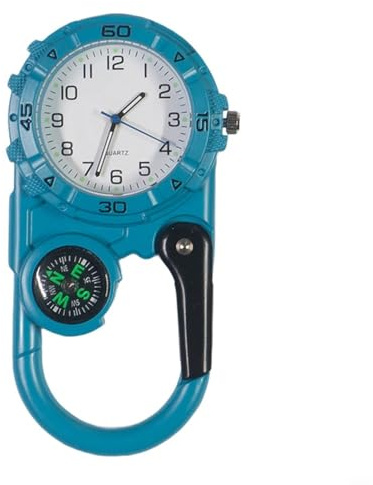 Tidevib Multifunktionale Karabiner-Uhr mit integriertem Kompass und Leuchtzifferblatt, leichtes Clip-Zubehör für Outdoor-Wandern, Camping, Reisen, blau (blau)