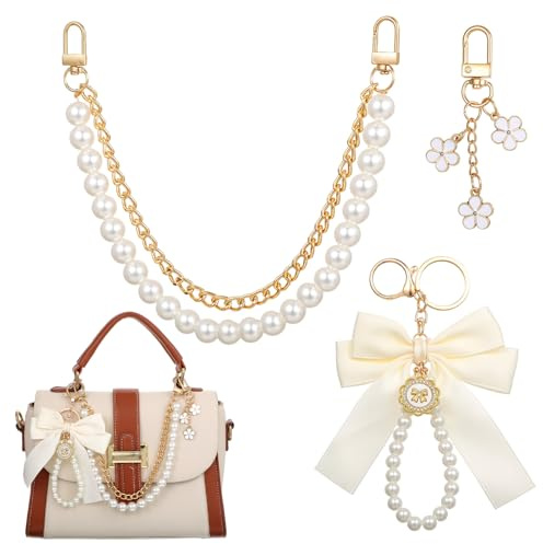 Telooco Perlen Taschenkette, 3 Stück Gold Taschenanhänger für Handtaschen | Taschenkette Weiß Perlen Taschenhenkel, Schleifen Blumen Schlüsselanhänger Perlen Taschenanhänger Bag Charm für Damen Frauen