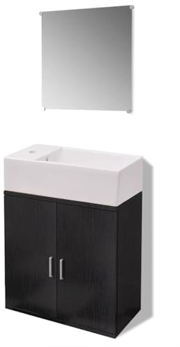 HETFTJN Set di 3 mobili da bagno con lavandino e specchio, moderno mobiletto sottolavabo da parete da 48 cm, lavabo salvaspazio per bagno e WC degli ospiti, in ceramica, nero