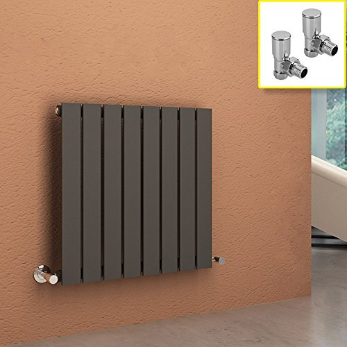 600 x 600 mm Anthracite Column Radiator Horizontal Single Flat Panel Designer Radiator with Angled Radiator Valves