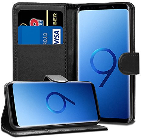 TypeandColor Samsung Galaxy S9 Flip Case - Black Faux Leather Case with Magnetic Closure and Card Holder