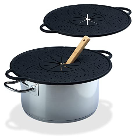 Relaxdays 2X Überkochschutz Silikon, Spritzschutz & Untersetzer für Töpfe, hitzebeständig bis 250°C, pflegeleicht, 30cm Ø, schwarz