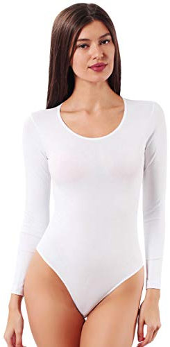 VEDATS Damen Body Langarm Rundhals Top Unterhemd Bodysuit (M, Weiß)